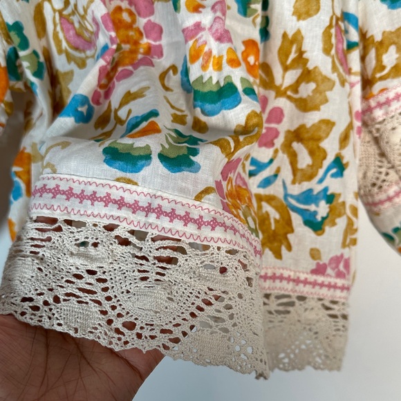 Christian Siriano Linen Boho Floral Peasant Blouse XL Embroidered & Puff Sleeves - Picture 7 of 8